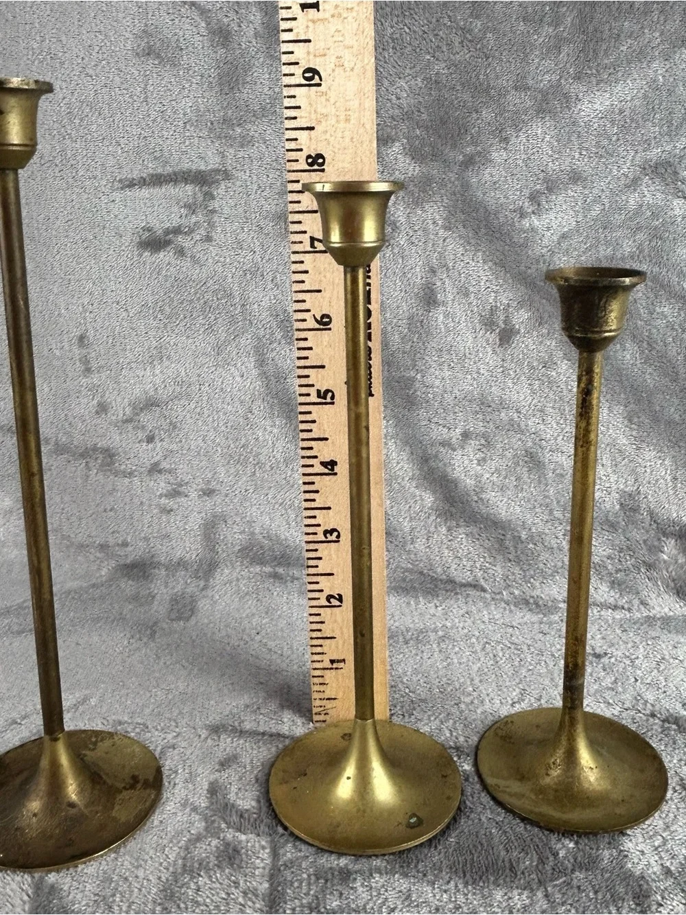 VTG Solid Brass Taper Candlestick Holders Set of 3 Graduated Gold‎ Patina Taiwan